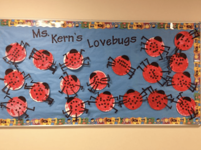 Bulletin board of ladybug cutouts- February Bulletin Boards
