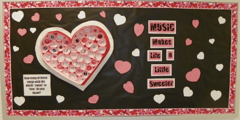Bulletin board with heart cutouts