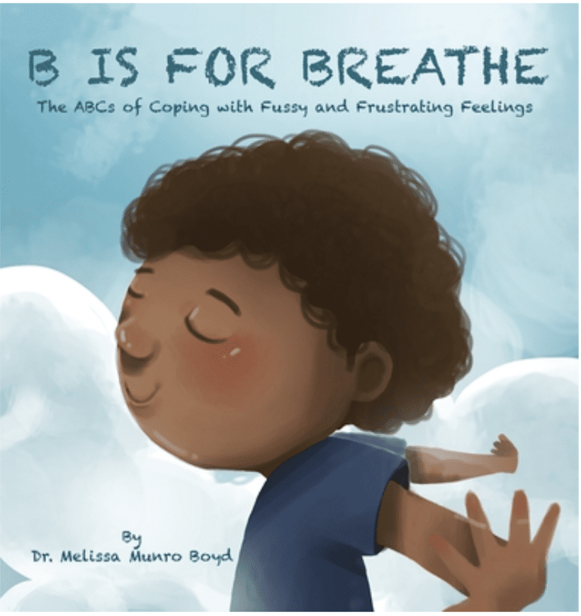 Cover of B is for Breathe by Dr. Melissa Monroe Boyd. On the cover is a Black child with short curly hair stretching their arms backwards in front of a background of clouds- Black Children’s Book Authors
