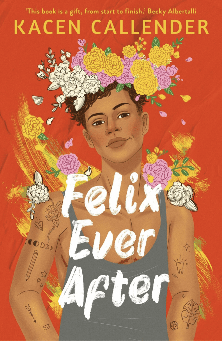 Cover of Felix Ever After. The background is red. In the forefront is a Black, tattooed, person with short hair and a flower crown.- Black Children’s Book Authors 