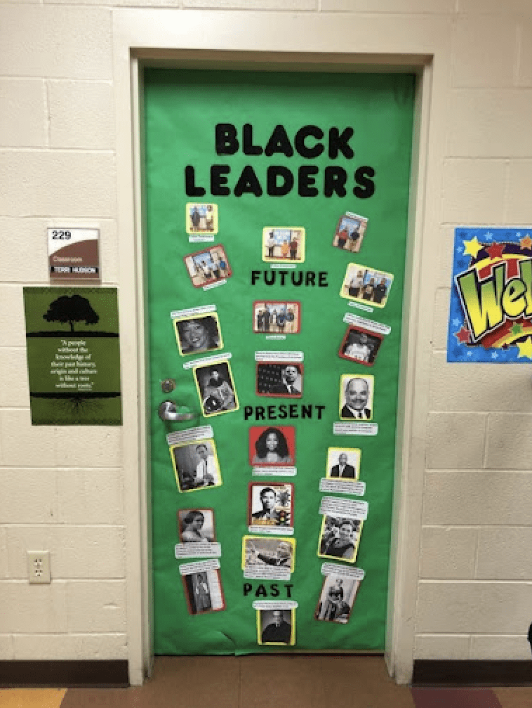 Door with black history month icons of the past, present, and future
