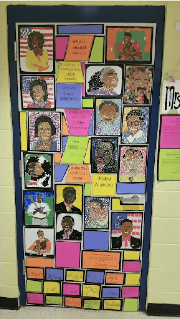 Black History month door with mosaic of Black history month icons