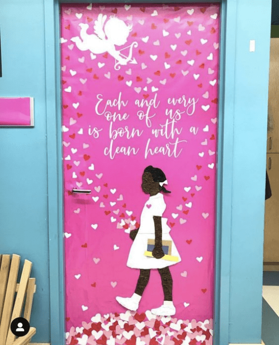 Door with pink background and young Black girl walking on heart cutouts