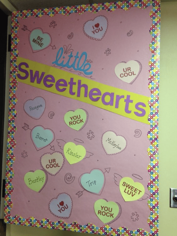 Bulletin board of cutouts of hearts and word Sweethearts