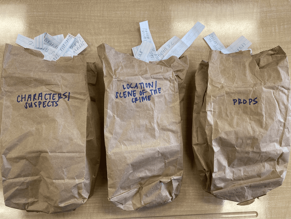 Bags labelled characters/suspects, location/scene of the crime, and props