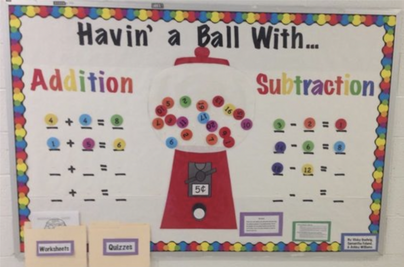 board with words Havin' a ball with... addition and subtraction- math bulletin board ideas