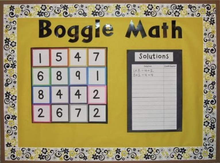 Bulletin board with words Boggle math