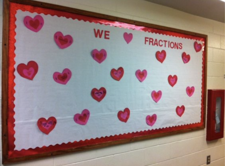 Board with words we love fractions and hearts- math bulletin board ideas