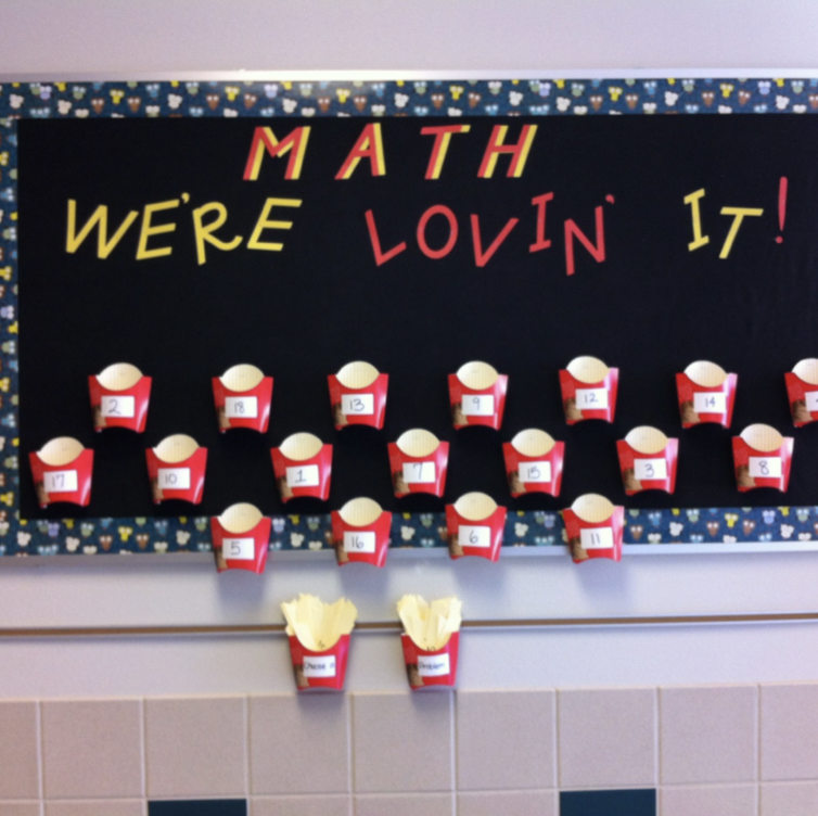 Bulletin board with words Math We're lovin in!