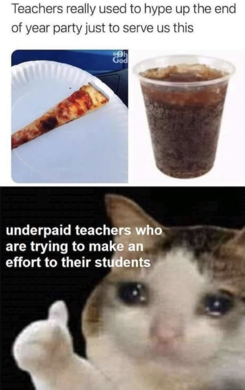 Text saying Teachers really used to hype up the end of year party just to serve us this with a photo of a slice of pizza and coke drink, and text saying underpaid teachers who are trying to make an effort to their students, and photo of crying cat giving a thumbs up