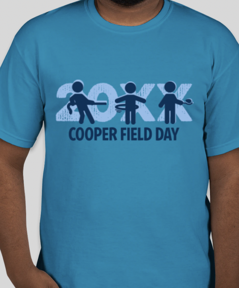 Blue shirt with stick figures doing activities and the word 20XX Cooper Field Day