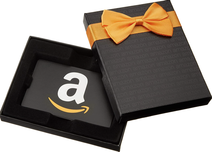 Amazon gift card in a box with ribbon