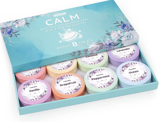 Shower steamers in a blue box labelled CALM