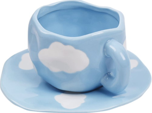 Blue mug and plate with white cloud decorations- end of year teacher gifts