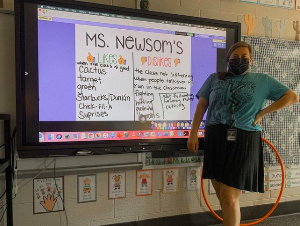 teacher standing in front of projection screen 
