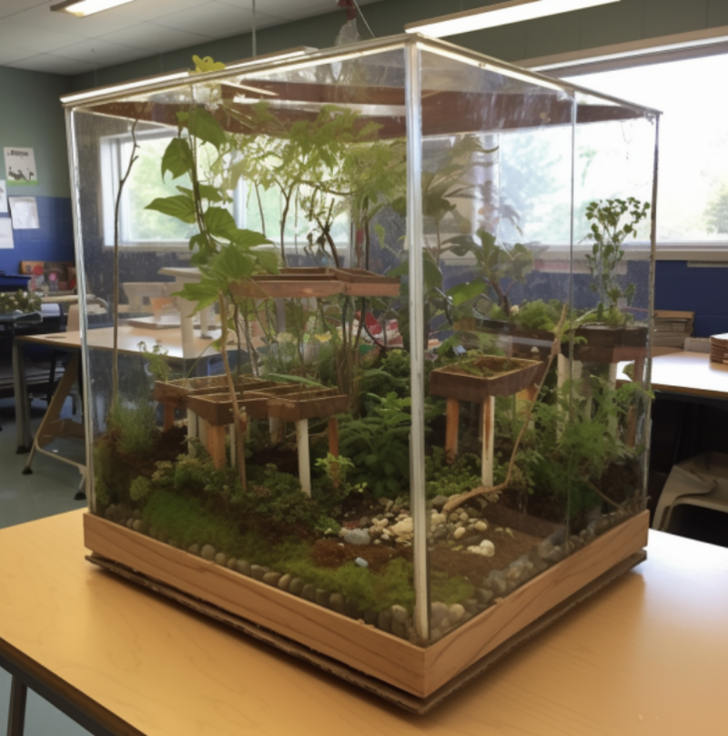 Glass box filled with plants In classroom- raspberry pi projects