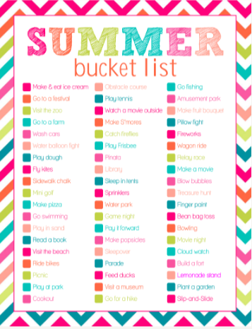 A colorful bucket list of summer activities for kids as an example of fun last day of school activities