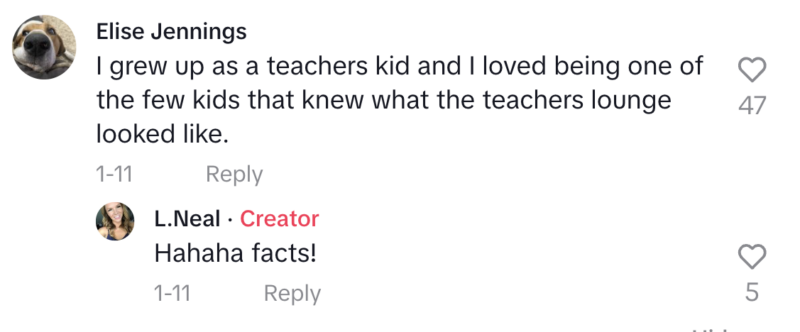 Screenshot of comment on TikTok about teacher's kid