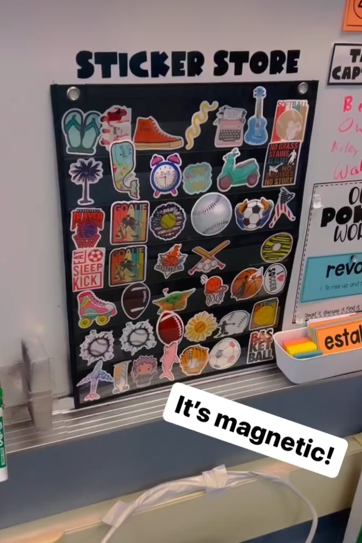 A magnetic board has plastic rows that hold different types of stickers.