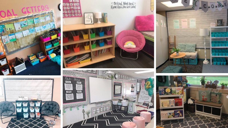 Collage of second grade classroom ideas including pink themed.