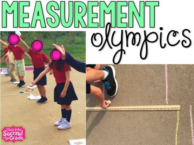 Collage of second grade students participating in measurement activities, with the text Measurement Olympics