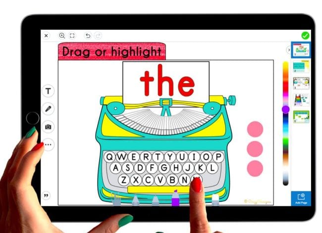 Seesaw slide showing clickable typewriter with the word "the" shown