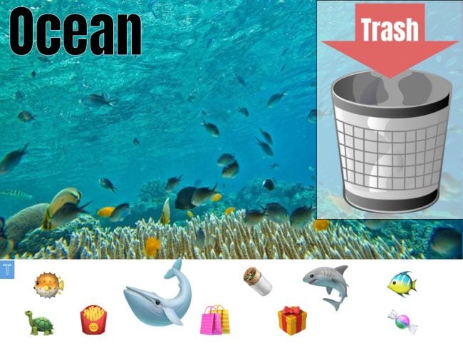 Image of coral reef with icons of sea animals and trash items, and can labeled Trash - Seesaw Activities