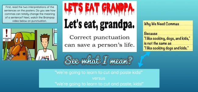 Slide saying "Lets eat grandpa" and "Let's eat, grandpa" with different punctuation
