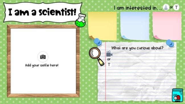Page labeled I am a scientist, with frame for adding selfie and sections for notes and videos