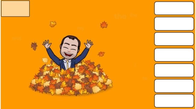 Bitmoji man in pile of leaves with boxes for hidden words