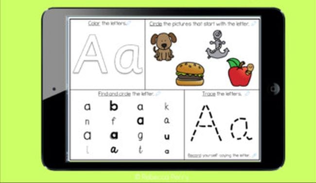 Worksheet of letter A activities, including coloring and tracing sections