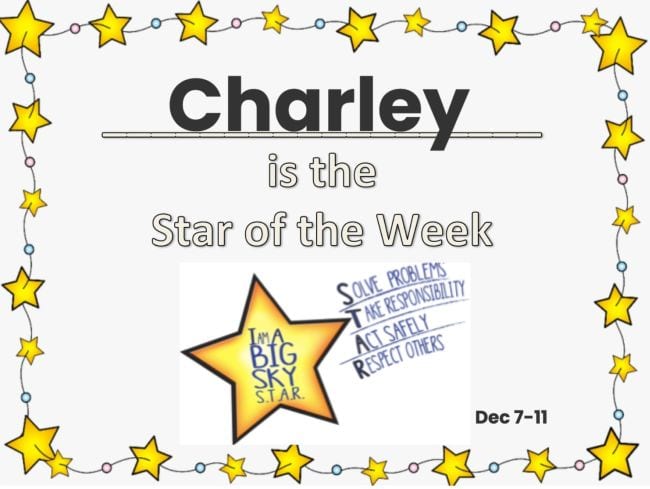 Certificate saying Charley Is The Star Of The Week surrounded by stars