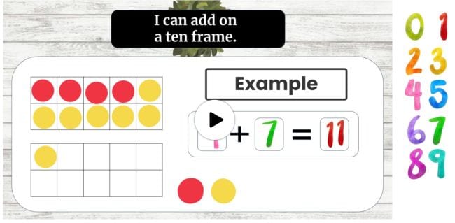 Double 10 frames showing 4 red dots and 7 yellow dots totaling 11 - Seesaw Activities