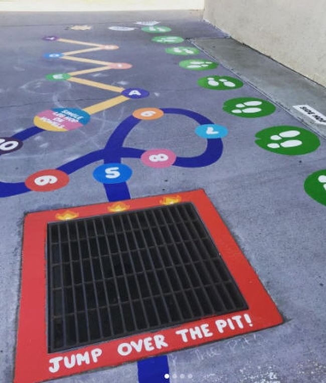 Drain grid marked "jump over the pit" as part of a larger sensory path