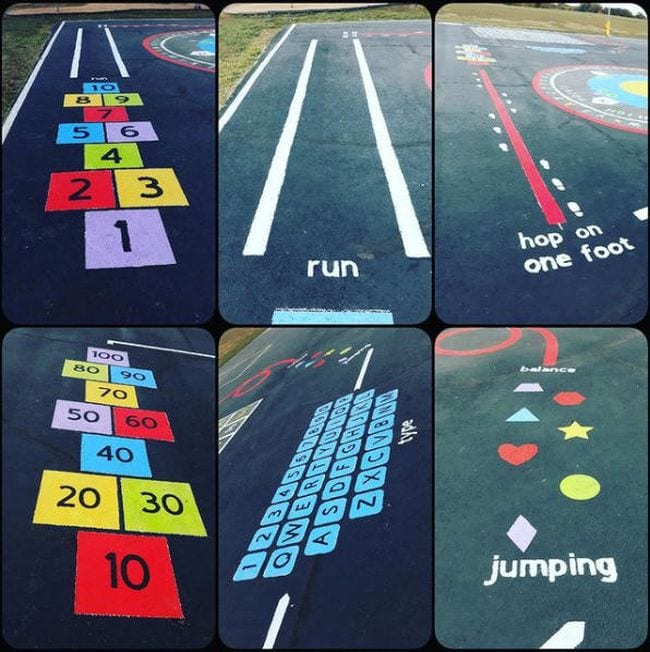 Collage of painted hopscotch, balance lines, running paths, and oversized keyboard