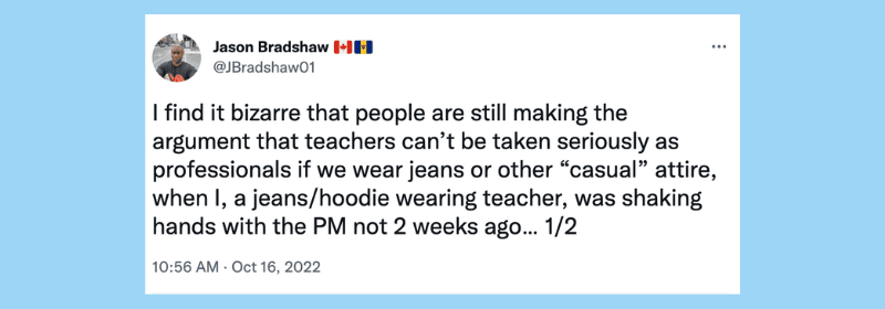 Tweet from Jason Bradshaw about teachers wearing jeans
