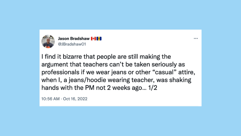 Tweet from Jason Bradshaw about teachers wearing jeans