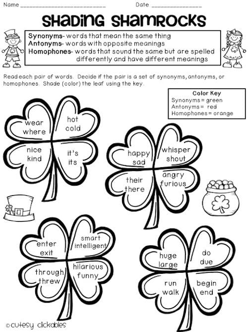language arts worksheet printed with shamrocks and word pairs on them