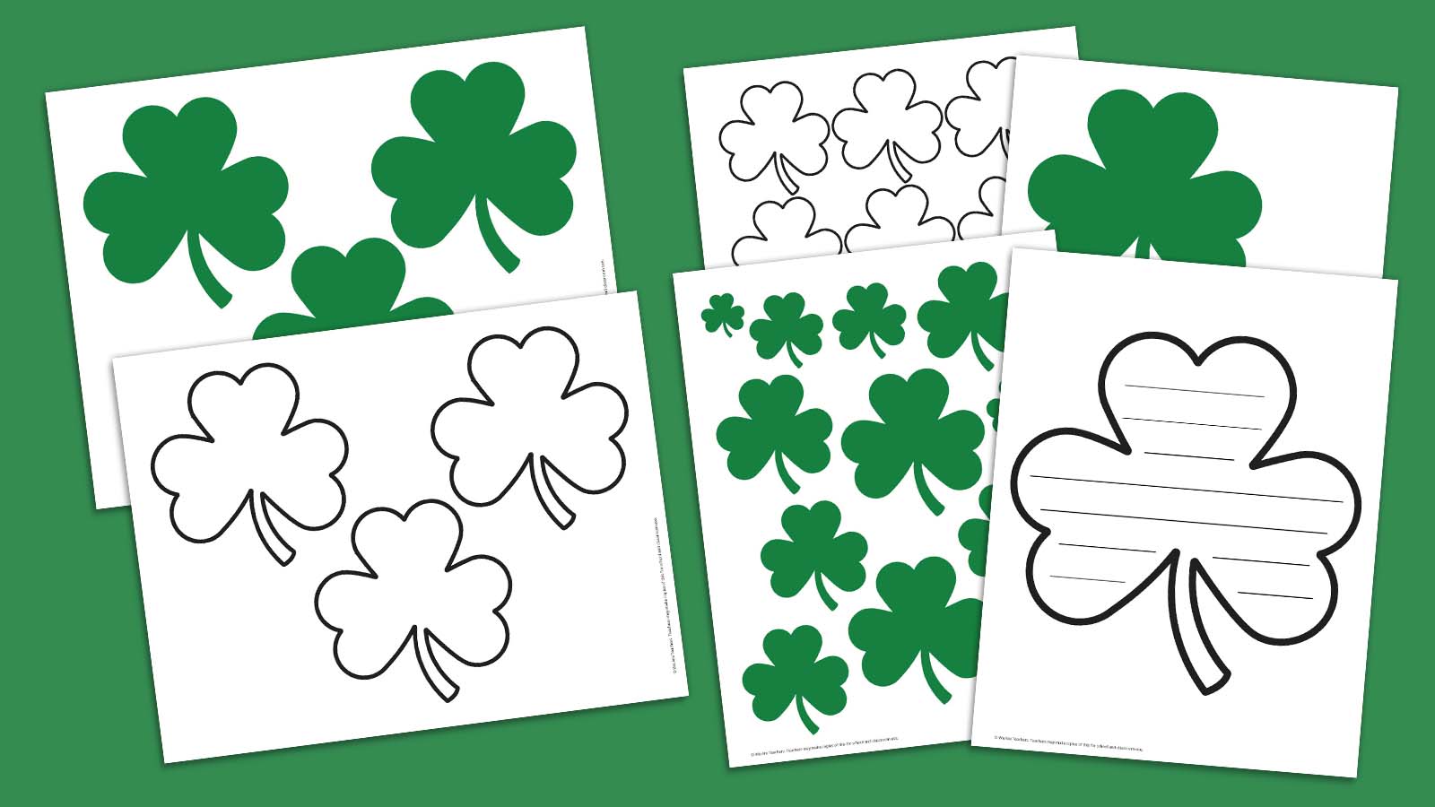 Shamrock printable bundle of templates on green background.