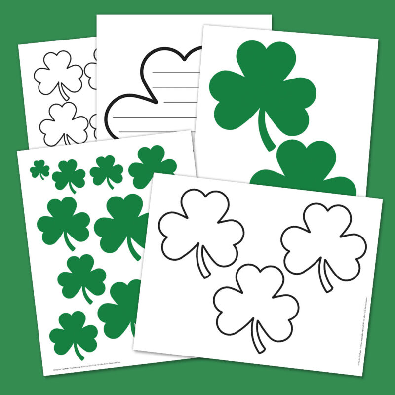 Bundle of printable shamrocks on a square green background.