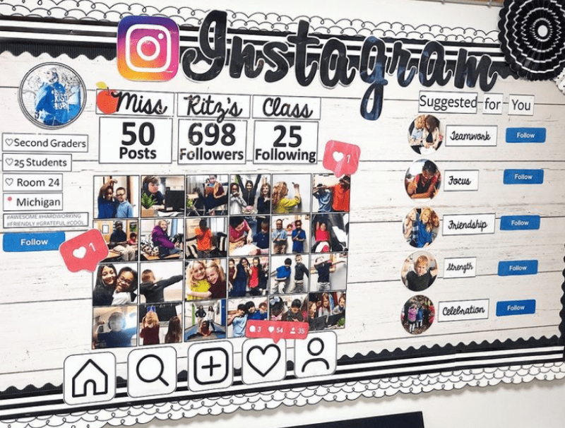 Bulletin board made to look like an Instagram page for a second grade class, with pictures, stats, and more