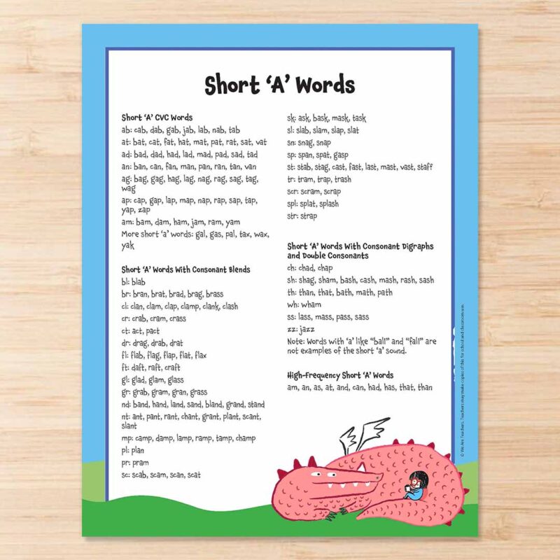 Short a words list printable on table.