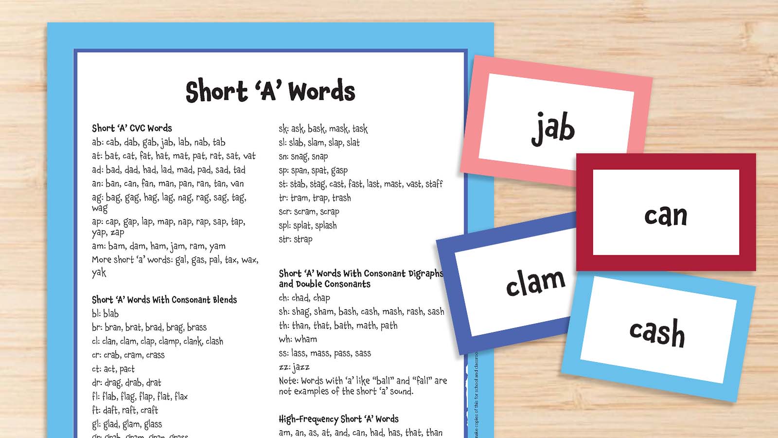 Short a words list and flashcards on desk.