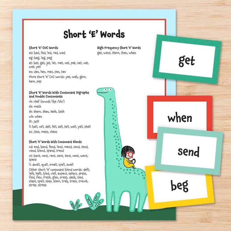 Printable short E word list and cards on square desk background.