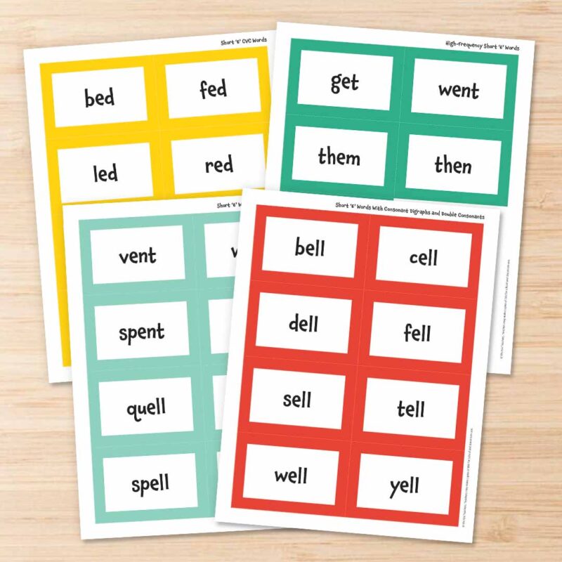 Short E_Word List Printable Cards on desk.