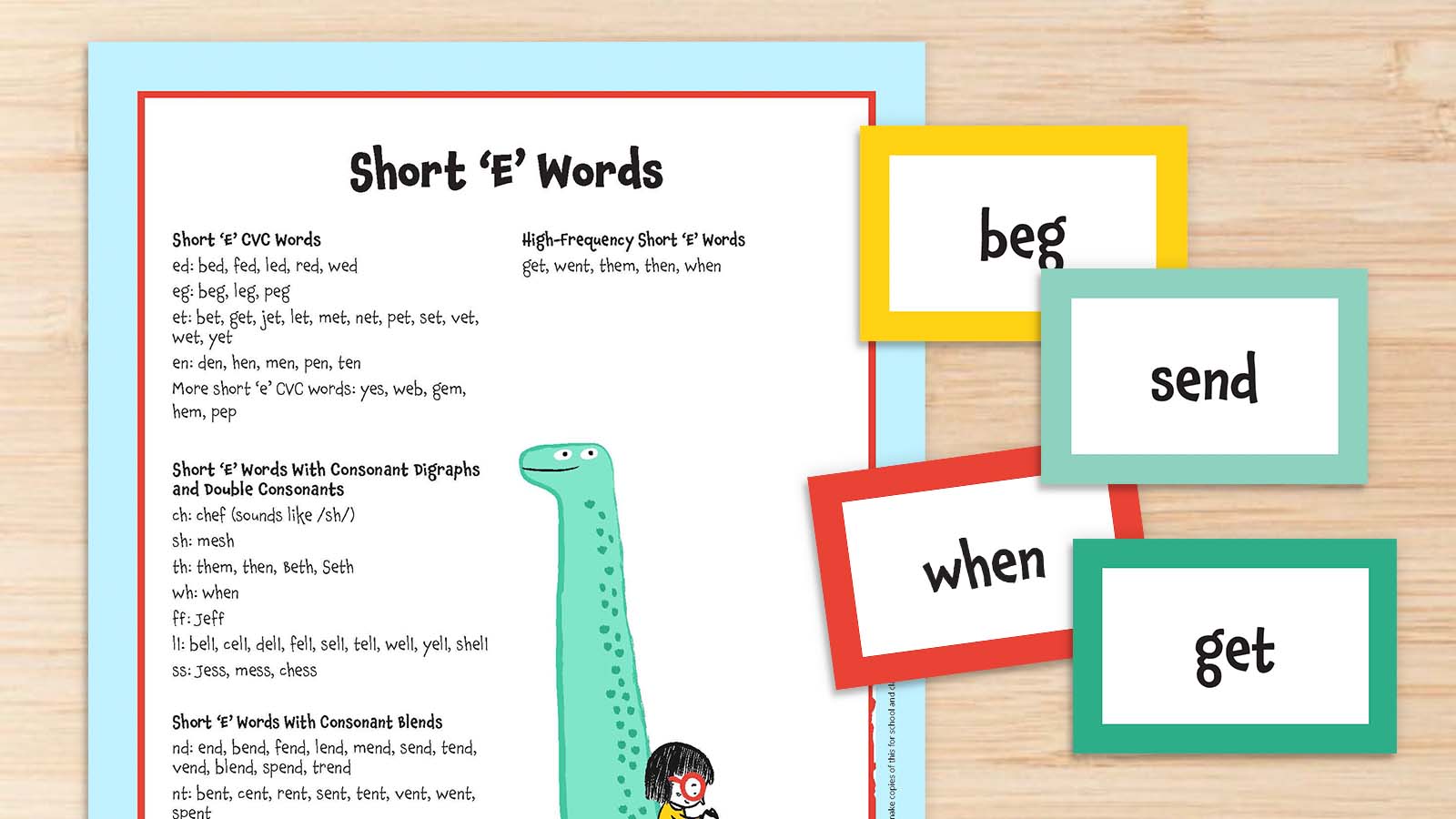 Printable Short E Word List and cards on desk.