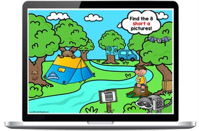 Cartoon of river running through the woods with tent and child