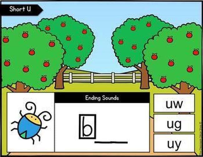Picture of bug with letter B and choices of "uw" "ug" and "uy"