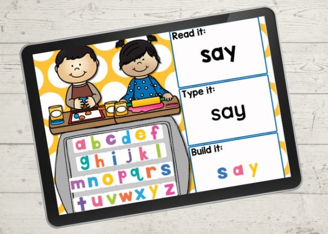 Two cartoon children with alphabet letters - Sight Words Google Slides
