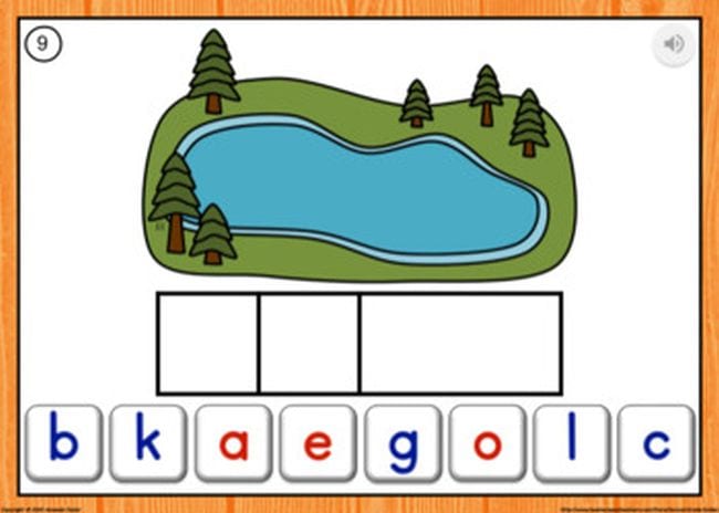 Illustration of a lake, 3 empty boxes, and a series of letters - Sight Words Google Slides
